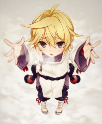 Rule 34 | 1boy, blonde hair, blue eyes, breath, from above, from below, full body, hair between eyes, indigo (module), japanese clothes, kagamine len, looking at viewer, looking up, male focus, okidokei, outstretched arms, project diva (series), reaching, reaching towards viewer, solo, vocaloid