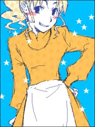 Rule 34 | 00s, 1boy, :d, apron, blonde hair, blue background, blue eyes, blush, cowboy shot, dress, flat color, gankutsuou, hand on own hip, long sleeves, looking at viewer, lowres, male focus, open mouth, partially colored, peppo, simple background, smile, solo, trap, waist apron