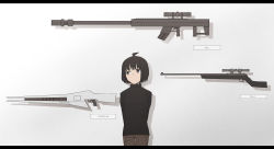 Rule 34 | 1girl, absurdres, ahoge, amatori chika, arms behind back, black sweater, bob cut, brown pants, cowboy shot, drop shadow, english text, gun, highres, letterboxed, long sleeves, looking away, looking to the side, pants, rifle, short hair, simple background, sniper rifle, solo, somori, standing, sweater, turtleneck, turtleneck sweater, weapon, white background, world trigger