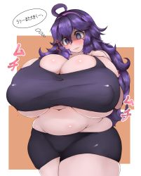 Rule 34 | 1girl, @ @, absurdres, ahoge, bare shoulders, blush, breasts, bursting breasts, cleavage, cowboy shot, creatures (company), diadem, dot nose, expressionless, eyelashes, game freak, hair between eyes, hands on own chest, hex maniac (pokemon), highres, huge breasts, japanese text, lips, matching hair/eyes, navel, nintendo, nipples, plump, pokemon, pokemon xy, purple eyes, purple hair, shiruhiya, short shirt, short shorts, shorts, small shirt, speech bubble, thick thighs, thighs, translation request, underboob