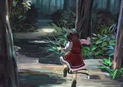 Rule 34 | 1girl, animal ears, back, brown eyes, cat ears, cat tail, chen, hat, ichiba youichi, landscape, leaf, long sleeves, mob cap, multiple tails, nature, nekomata, shirt, shoes, short hair, skirt, skirt set, solo, tail, touhou, tree, vest