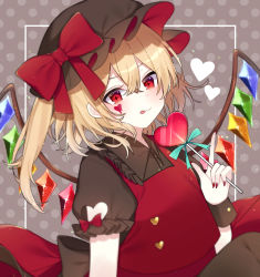 + +, 1girl, :p, alternate costume, bangs, black headwear, blonde hair, blush, bow, breasts, brown dress, buttons, candy, clothing cutout, crossed bangs, crystal, dress, eyebrows behind hair, facial mark, fingernails, flandre scarlet, food, frilled shirt collar, frills, grey background, hair between eyes, hand up, hat, hat bow, heart cutout, highres, holding, holding candy, holding food, holding lollipop, index finger raised, lollipop, long fingernails, long hair, mob cap, nail polish, one side up, polka dot, polka dot background, puffy short sleeves, puffy sleeves, red bow, red eyes, red nails, red vest, short hair, short sleeves, simple background, small breasts, solo, tongue, tongue out, touhou, vest, wings, wrist cuffs, yurui tuhu