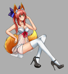 Rule 34 | 10s, 1girl, animal ears, asortofcolorfag, bare shoulders, blush, bow, bra, breasts, cleavage, collarbone, fate/extra, fate (series), fox ears, fox tail, grey background, hair bow, hair ribbon, hand in own hair, high heels, looking at viewer, panties, pink hair, ribbon, simple background, sitting, solo, tail, tamamo no mae (fate/extra), thighhighs, twintails, underwear, underwear only, white bra, white panties, white thighhighs, yellow eyes