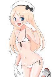 Rule 34 | 1girl, ashitaba tomorou, bikini, blonde hair, blue eyes, cowboy shot, flat chest, front-tie top, gloves, hat, jervis (kancolle), kantai collection, long hair, looking at viewer, micro bikini, open mouth, simple background, smile, solo, swimsuit, white background, white bikini, white gloves, white hat
