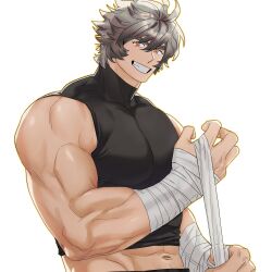 Rule 34 | 1boy, absurdres, bandaged hand, bandages, bara, bare arms, biceps, brown eyes, grey hair, grin, hair between eyes, highres, large hands, large pectorals, looking at viewer, male focus, midriff peek, muscular, muscular male, navel, original, pectorals, shirt, short hair, sleeveless, sleeveless shirt, smile, solo, takayakaiti (tk049ccn), taut clothes, taut shirt, thick eyebrows, upper body, white background