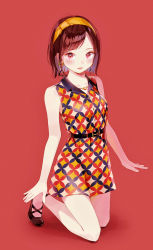 Rule 34 | 1girl, bare legs, belt, black footwear, blush, brown hair, dress, earrings, hairband, hami yura, highres, jewelry, looking at viewer, necklace, orange hairband, original, print dress, red background, red eyes, shadow, shoes, short hair, simple background, sleeveless, sleeveless dress, solo
