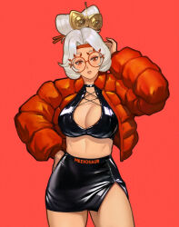 Rule 34 | 1girl, alternate costume, artist name, black skirt, black tank top, blush, breasts, cleavage, commentary, english commentary, glasses, hair ornament, hair stick, jacket, large breasts, lips, long sleeves, meziosaur, nintendo, open clothes, open jacket, parted lips, purah, red-framed eyewear, red background, red eyes, red jacket, round eyewear, sheikah, side slit, simple background, skirt, solo, tank top, the legend of zelda, the legend of zelda: tears of the kingdom, white hair