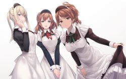 Rule 34 | 3girls, alternate costume, apron, apron lift, aquila (kancolle), blonde hair, blue eyes, breasts, brown eyes, brown hair, clothes lift, enmaided, frills, graf zeppelin (kancolle), green neckerchief, kantai collection, looking at viewer, maid, maid apron, maid headdress, medium breasts, multiple girls, neckerchief, ponytail, puffy sleeves, red neckerchief, rokuwata tomoe, saratoga (kancolle), sidelocks, simple background, twintails, waist apron, white background