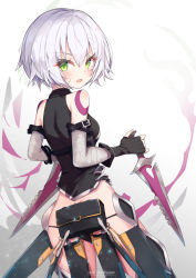 Rule 34 | 1girl, :d, ass, bad id, bad pixiv id, bag, bandaged arm, bandages, bare shoulders, black gloves, black shirt, black thighhighs, blush, breasts, dagger, dual wielding, dutch angle, facial scar, fang, fate/grand order, fate (series), fingerless gloves, from behind, gloves, gradient background, green eyes, grey background, hair between eyes, holding, holding dagger, holding knife, holding weapon, jack the ripper (fate/apocrypha), knife, looking at viewer, looking back, open mouth, satchel, scar, scar across eye, scar on cheek, scar on face, sheath, shirt, silver hair, sleeveless, sleeveless shirt, small breasts, smile, solo, thighhighs, unsheathed, w.k, weapon, white background