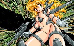 Rule 34 | 1980s (style), 4bpp, blonde hair, breasts, gun, retro artstyle, retro artstyle, science fiction, uncensored, weapon, woody-rinn