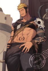 Rule 34 | 00047, 1boy, abs, animal skull, arm tattoo, artist name, warrior of light (ff14), black pants, blonde hair, borrowed character, commentary, commission, cowboy shot, cross, cross earrings, cross scar, dated, earrings, english commentary, facial hair, facial scar, fictional persona, final fantasy, final fantasy xiv, fur trim, green eyes, jewelry, licking lips, looking at viewer, male focus, muscular, muscular male, navel, pants, scar, scar on arm, scar on cheek, scar on face, short hair, sideburns, skull, solo, stomach, stomach tattoo, tattoo, tongue, tongue out, twitter username, watermark