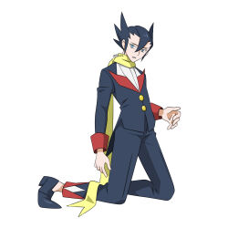 Rule 34 | 1boy, 99akt1031, absurdres, aqua eyes, black footwear, black hair, black jacket, black pants, buttons, commentary request, creatures (company), full body, game freak, grimsley (pokemon), hair between eyes, highres, jacket, kneeling, long sleeves, male focus, nintendo, pants, parted lips, pointy hair, pokemon, pokemon bw, scarf, shirt, shoes, simple background, solo, white background, white shirt, yellow scarf