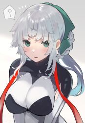Rule 34 | 1girl, ?, armpit cutout, black bodysuit, bodysuit, braided hair rings, breasts, clothing cutout, fate/grand order, fate/samurai remnant, fate (series), green eyes, hair ribbon, kujiran, large breasts, long hair, looking at viewer, ponytail, ribbon, sidelocks, two-tone bodysuit, white bodysuit, white hair, yui shousetsu (fate), yui shousetsu (first ascension) (fate)