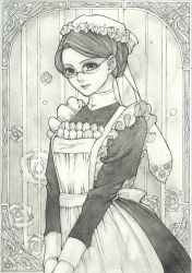 Rule 34 | 1girl, apron, closed mouth, dress, emma (victorian romance emma), framed, frilled apron, frills, glasses, grey theme, greyscale, hair up, highres, light smile, long sleeves, maid, maid headdress, monochrome, out of frame, outside border, painting (medium), puffy long sleeves, puffy sleeves, sayococco, solo, traditional media, v arms, victorian, victorian maid, victorian romance emma, watercolor (medium)