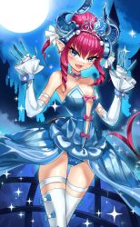 Rule 34 | 1girl, absurdres, bare shoulders, blue eyes, blue leotard, breasts, casul, claws, commentary, curled horns, detached sleeves, dragon girl, dragon horns, dragon tail, elizabeth bathory (cinderella rider) (fate), elizabeth bathory (fate), fang, fate/grand order, fate (series), gloves, highres, horns, leotard, moon, open mouth, outdoors, pink hair, pointy ears, small breasts, smile, solo, tail, thighhighs, tiara, white gloves, white thighhighs