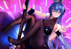 Rule 34 | 1girl, absurdres, animal ears, arm strap, azur lane, bad id, bad pixiv id, black bodysuit, black legwear, black leotard, blue eyes, blue hair, blush, bodysuit, breasts, cleavage, commentary, crossed bangs, fake animal ears, full body, hair between eyes, half-closed eyes, highres, jinpaitugounan, large breasts, leotard, lips, long hair, looking at viewer, new jersey (azur lane), new jersey (exhilarating steps!) (azur lane), official alternate costume, parted lips, pink background, playboy bunny, pole, rabbit ears, see-through, see-through cleavage, shiny clothes, sitting, skin tight, sleeveless, smile, solo, stage, stripper pole, wrist cuffs