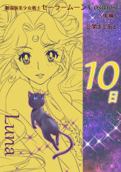 Rule 34 | 1girl, absurdres, bishoujo senshi sailor moon, black cat, blue eyes, cat, character name, copyright name, countdown, crescent, crescent earrings, dual persona, earrings, facial mark, forehead mark, hair bun, highres, jewelry, katt sun, light smile, lineart, long hair, looking at viewer, luna (sailor moon), luna (sailor moon) (human), multiple hair buns, neck ribbon, necklace, parted bangs, parted lips, ribbon, sparkle, twitter username