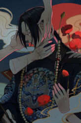 Rule 34 | 1boy, absurdres, axis powers hetalia, bead necklace, beads, black coat, calligraphy brush, china (hetalia), closed eyes, closed mouth, coat, daligaoxin163, disembodied hand, dragon, dragon print, eastern dragon, flower, forehead, hand on another&#039;s face, hand on another&#039;s neck, highres, holding calligraphy brush, holding paintbrush, jewelry, male focus, multicolored background, necklace, paintbrush, parted bangs, poppy (flower), red background, red flower, sidelocks, smoke trail, solo, upper body