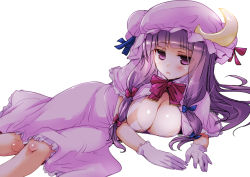 Rule 34 | 1girl, blunt bangs, bow, bowtie, breasts, capelet, cleavage, dress, gloves, hat, hirowa nagi, large breasts, long hair, looking at viewer, lying, mob cap, on side, patchouli knowledge, purple capelet, purple dress, purple eyes, purple gloves, purple hair, purple hat, simple background, solo, striped, touhou, white background