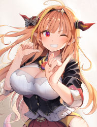 Rule 34 | 1girl, ahoge, blonde hair, bow, breasts, cleavage, cleavage cutout, clothing cutout, contrapposto, diagonal-striped bow, dragon girl, dragon horns, dragon tail, grin, hairband, highres, hololive, horns, kiryu coco, kiryu coco (1st costume), large breasts, long hair, m/, multicolored hair, one eye closed, orange hair, purple eyes, side slit, smile, solo, streaked hair, summer tail720, tail, upper body, virtual youtuber