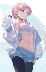 Rule 34 | 1girl, arknights, bare shoulders, black pants, blue eyes, blue poison (arknights), blue poison (shoal beat) (arknights), blue shorts, braid, breasts, commentary request, cowboy shot, crop top, earrings, hairband, hand up, highres, holding, jacket, jewelry, leggings, long sleeves, medium breasts, midriff, navel, nian (zhanian), official alternate costume, open clothes, open jacket, pants, pink hair, revision, short hair, short shorts, shorts, solo, sports bra, standing, stomach, thighs, twin braids, white jacket