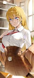 Rule 34 | 1girl, absurdres, blonde hair, blue eyes, blush, bookshelf, breasts, brown skirt, ceiling light, closed mouth, collared shirt, cowboy shot, earrings, glasses, hair ornament, high-waist skirt, highres, hololive, hololive english, indoors, jewelry, large breasts, long hair, long sleeves, necktie, odyssey 21, plaid, plaid skirt, pleated skirt, pocket watch, red necktie, round eyewear, shirt, skirt, solo, sweatdrop, very long hair, virtual youtuber, watch, watson amelia, white shirt, window