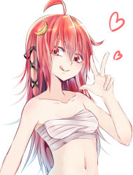 Rule 34 | 10s, 1girl, :p, ahoge, breasts, crescent, crescent hair ornament, hair ornament, hair ribbon, heart, kantai collection, long hair, looking at viewer, moon, navel, red eyes, red hair, ribbon, sarashi, small breasts, solo, suishin tenra, suitenjh, tongue, tongue out, uzuki (kancolle), v