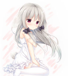 Rule 34 | 10s, 1girl, absurdres, animal ears, bare arms, bare shoulders, black bow, blush, bow, closed mouth, dress, fingernails, frilled dress, frills, grey hair, hair between eyes, hair bow, highres, kemonomimi mode, long hair, looking at viewer, looking to the side, red eyes, shizukawashi sumi, sleeveless, sleeveless dress, solo, sophie twilight, tail, tears, thighhighs, tonari no kyuuketsuki-san, very long hair, white dress, white thighhighs