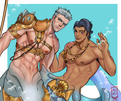 Rule 34 | 2boys, abs, absurdres, bara, beard stubble, character request, coral island, cowboy shot, dark-skinned male, dark skin, facial hair, frown, gold, grey hair, highres, large pectorals, looking at viewer, male focus, mature male, merman, mermay 2023, monster boy, multiple boys, muscular, muscular male, mustache, navel, nipples, pectorals, scar, scar on face, semeru (coral island), short hair, stomach, stubble, tazahan, thick eyebrows, waving