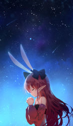 Rule 34 | 1girl, aak, animal ears, bad id, bad pixiv id, bandeau, bare shoulders, black bandeau, black bow, bow, closed eyes, closed mouth, detached sleeves, dungeon and fighter, hair between eyes, hair bow, highres, long hair, long sleeves, mage (dungeon and fighter), night, night sky, own hands clasped, own hands together, pointy ears, profile, puffy long sleeves, puffy sleeves, rabbit ears, red hair, red sleeves, sky, solo, star (sky), starry sky, upper body, very long hair