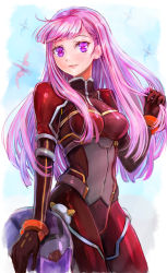 Rule 34 | 1girl, breasts, fiona (zoids wild zero), flying, helmet, holding, holding helmet, holding own hair, long hair, looking at viewer, mecha, parted lips, pilot suit, pink hair, purple eyes, robot, science fiction, small breasts, sniptera, solo, uron (user mrcy4335), zoids, zoids wild zero