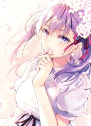 Rule 34 | 1girl, black ribbon, branch, breasts, cherry blossoms, closed mouth, dress, fate/stay night, fate (series), flower, flower over mouth, hair ribbon, holding, holding flower, large breasts, long hair, looking at viewer, matou sakura, official alternate costume, pink flower, puffy short sleeves, puffy sleeves, purple eyes, purple hair, red ribbon, ribbon, short sleeves, solo, toosaka asagi, upper body, white dress