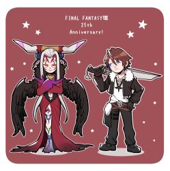 Rule 34 | 1boy, 1girl, anniversary, belt, black footwear, black gloves, black jacket, black pants, black wings, blue eyes, boots, brown background, brown belt, brown hair, closed mouth, cropped jacket, crossed arms, dress, facial mark, feathered wings, final fantasy, final fantasy viii, frown, full body, fur-trimmed jacket, fur trim, gloves, grey hair, gunblade, hair between eyes, hand on own hip, highres, horns, jacket, long hair, long sleeves, multiple belts, navel, nnnmmg0725, over shoulder, pants, parted bangs, plunging neckline, red dress, scar, scar on face, scar on forehead, shirt, short hair, smile, squall leonhart, thigh strap, ultimecia, weapon, weapon over shoulder, white fur, white shirt, wings, yellow eyes