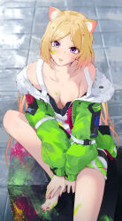 Rule 34 | 1girl, :p, absurdres, aki rosenthal, animal ears, barefoot, blonde hair, blue eyes, blush, breasts, cat ears, cleavage, commentary, highres, hololive, jacket, long hair, menomeno draw, multicolored hair, paint splatter, paint splatter on face, parted bangs, pink hair, purple nails, sitting, smile, solo, tongue, tongue out, twintails, two-tone hair, virtual youtuber