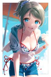 Rule 34 | :d, absurdres, bikini, bikini under clothes, blue eyes, blue shorts, blue sky, blush, breasts, cleavage, cloud, collarbone, floral print, front-tie bikini top, front-tie top, grey hair, hair ornament, hair scrunchie, halterneck, highres, hood, hooded jacket, hoodie, jacket, looking at viewer, love live!, love live! sunshine!!, medium breasts, multicolored bikini, multicolored clothes, multicolored jacket, multicolored swimsuit, navel, open clothes, open fly, open jacket, open mouth, ponytail, scrunchie, short shorts, short sleeves, shorts, side-tie bikini bottom, sidelocks, sky, smile, solo, string bikini, striped clothes, striped scrunchie, sweat, swimsuit, teeth, toine, twitter username, two-tone jacket, umbrella, unzipped, upper teeth only, watanabe you