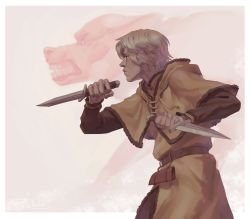 Rule 34 | 1boy, blonde hair, cosplay, dual wielding, fighting stance, fur trim, highres, holding, holding weapon, knife, looking to the side, short hair, simple background, thorfinn, thorfinn (cosplay), tunic, viking, vinland saga, weapon, wolf