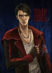 Rule 34 | 1boy, black hair, cigarette, coat, dante (dmc: devil may cry), devil may cry, devil may cry (series), dmc: devil may cry, fingerless gloves, gloves, highres, jewelry, long sleeves, male focus, necklace, red eyes, smoke, smoking, solo, trench coat, union jack