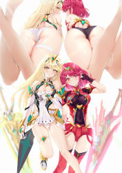 Rule 34 | 2girls, absurdres, age fx, ass, back, bare shoulders, blonde hair, blush, breasts, chest jewel, cleavage, cleavage cutout, clothing cutout, competition swimsuit, dress, highres, large breasts, long hair, looking at viewer, looking back, multiple girls, mythra (radiant beach) (xenoblade), mythra (xenoblade), one-piece swimsuit, pyra (pro swimmer) (xenoblade), pyra (xenoblade), red eyes, red hair, red shorts, short dress, short hair, short shorts, shorts, swept bangs, swimsuit, thighs, white dress, xenoblade chronicles (series), xenoblade chronicles 2, yellow eyes
