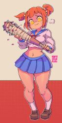 Rule 34 | 1girl, :3, anger vein, angry, artist name, baseball bat, blood, blue sailor collar, blue skirt, blush, breasts, breath, brown footwear, character cutout, closed mouth, collarbone, crop top, drop shadow, empty eyes, female focus, full body, hair ornament, hair scrunchie, hands up, happy, highres, holding, holding weapon, light blush, long sleeves, looking down, midriff, miniskirt, mole, mole under eye, nail, nail bat, navel, neckerchief, no pants, orange hair, outline, pleated skirt, poptepipic, popuko, red background, red neckerchief, sailor collar, school uniform, scrunchie, serafuku, shiny skin, shirt, shoes, short hair, sidelocks, signature, simple background, skirt, small breasts, smile, socks, solo, standing, starmilk, stomach, thick thighs, thighs, two-handed, two-tone background, two side up, weapon, white background, white outline, white shirt, white socks, wide hips, yellow eyes