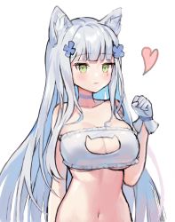 Rule 34 | 1girl, absurdres, animal ear fluff, animal ears, bare shoulders, bra, breasts, cat cutout, cat ears, cat lingerie, choker, cleavage, cleavage cutout, clothing cutout, collarbone, cross hair ornament, facial mark, frilled bra, frills, girls&#039; frontline, gloves, green eyes, hair ornament, hand up, heart, highres, hk416 (girls&#039; frontline), hyoin, kemonomimi mode, large breasts, long hair, looking at viewer, meme attire, navel, solo, stomach, strapless, strapless bra, underboob, underwear, upper body, very long hair, white bra, white gloves, white hair