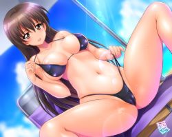 Rule 34 | 1girl, :d, beach chair, beach umbrella, bikini, black bikini, blush, breasts, brown eyes, brown hair, cameltoe, cloud, collarbone, copyright request, dated, day, dutch angle, hair between eyes, kamogawa tanuki, large breasts, lens flare, long hair, navel, open mouth, outdoors, sitting, sky, smile, solo, spread legs, strap pull, sunlight, sweat, swimsuit, tan, tanline, umbrella, very long hair
