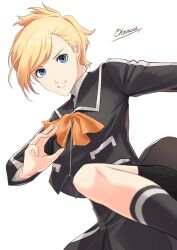 Rule 34 | 1girl, aznmeee, blonde hair, blue eyes, highres, lisa silverman, looking at viewer, persona, persona 2, persona 2 tsumi, school uniform, seven sisters high school uniform, short hair, simple background, skirt, smile, solo, white background