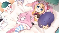 Rule 34 | 1girl, animal ears, animal hood, aoi id, asymmetrical legwear, bed, beret, blonde hair, blue eyes, blush, bow, character doll, character request, closed mouth, collared shirt, commentary, ear bow, feet out of frame, green hat, hat, heterochromia, highres, hood, hood up, hoodie, hugging object, knees together feet apart, long hair, long sleeves, looking at viewer, lying, millie adelaide, mismatched legwear, on back, on bed, pillow, pink bow, pink hoodie, pink legwear, polka dot, polka dot legwear, puffy long sleeves, puffy sleeves, rabbit ears, rabbit hood, red eyes, rutorifuki, shirt, sleeves past wrists, smile, solo, striped clothes, striped legwear, striped thighhighs, stuffed animal, stuffed rabbit, stuffed toy, thighhighs, unworn shirt, virtual youtuber, white shirt