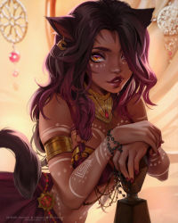 Rule 34 | 1girl, animal ears, arm tattoo, armlet, warrior of light (ff14), black hair, blurry, blurry background, brace, bracelet, brown eyes, cat ears, cat tail, chest tattoo, commentary, commission, dark-skinned female, dark skin, earrings, english commentary, eva solo, facial mark, facial tattoo, final fantasy, final fantasy xiv, gradient hair, hair over one eye, hand rest, highres, jewelry, lips, long hair, looking at viewer, miqo&#039;te, multicolored hair, nail polish, parted lips, purple hair, purple lips, red nails, solo, stomach, stomach tattoo, tail, tattoo, tribal tattoo