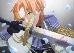 Rule 34 | 2boys, aiguillette, aoyagi touya, black gloves, blonde hair, commentary, ear chain, epaulettes, gloves, high collar, highres, holding, holding sword, holding weapon, kaitou shinshi no harahara!? white day (project sekai), long sleeves, male focus, multicolored hair, multiple boys, official alternate costume, official alternate hairstyle, orange hair, petals, project sekai, reflection, shinonome akito, single epaulette, streaked hair, sword, upper body, weapon, yellow eyes, yk62