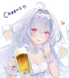 Rule 34 | 1girl, ahoge, alcohol, bare shoulders, beer, beer mug, blush, clothing cutout, commentary request, cup, detached sleeves, dress, english text, fate/grand order, fate (series), hair between eyes, hair intakes, headdress, heart, highres, holding, holding cup, lady avalon (fate), looking at viewer, merlin (fate/prototype), mug, nigiri, official alternate costume, pink eyes, smile, solo, tongue, tongue out, white dress, white hair, white headdress