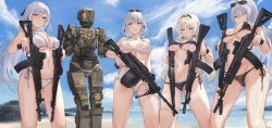 Rule 34 | 4girls, absurdres, ak-12, ak-12 (girls&#039; frontline), ak-15, ak-15 (girls&#039; frontline), alternate breast size, an-94, an-94 (girls&#039; frontline), aqua eyes, artist name, assault rifle, bare arms, bare legs, bare shoulders, bikini, black bikini, blonde hair, blue eyes, blush, braid, breasts, closed mouth, clothed robot, cyclops (girls&#039; frontline), dated, drum magazine, dual wielding, extended barrel, eyewear on head, french braid, front-tie bikini top, front-tie top, girls&#039; frontline, gluteal fold, gun, hair ornament, halterneck, highres, holding, holding gun, holding weapon, humanoid robot, kalashnikov rifle, large breasts, light machine gun, long hair, looking at viewer, machine gun, machinery, magazine (weapon), multiple girls, navel, outdoors, parted lips, purple eyes, rifle, robot, rpk, rpk-16, rpk-16 (girls&#039; frontline), sawkm, short hair, side-tie bikini bottom, silver hair, skindentation, smile, standing, string bikini, striped bikini, striped clothes, sunglasses, swimsuit, ump45 (girls&#039; frontline), ump9 (girls&#039; frontline), weapon, white bikini