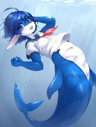 Rule 34 | 1girl, animal nose, blue eyes, blue hair, blush, bottomless, commentary request, fins, fish girl, fish tail, furry, furry female, highres, kageroh, looking at viewer, navel, neckerchief, open mouth, original, pointy ears, pussy, red neckerchief, school uniform, serafuku, short hair, short sleeves, snout, solo, tail, underwater