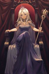 Rule 34 | 1girl, bare shoulders, blonde hair, blue dress, blue eyes, blue nails, breasts, cleavage, crossed legs, crown, dress, highres, jewelry, lee sirin, long hair, looking at viewer, nail polish, off-shoulder dress, off shoulder, original, pointy ears, queen, sitting, solo, throne