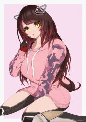 Rule 34 | 1girl, absurdres, breasts, brown hair, gloves, hair ornament, highres, hololive, hood, hoodie, large breasts, long hair, looking at viewer, on floor, open mouth, roboco-san, roboco-san (hoodie), sitting, solo, sweater, thighs, virtual youtuber, white background, yellow eyes